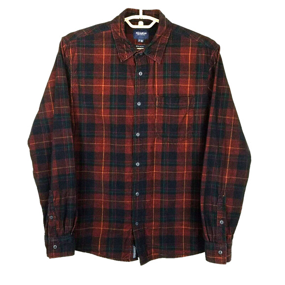 Pull & Bear Shirt L Red Navy Plaid Tartan Corduroy Regular Button Up Long Sleeve - Picture 1 of 11